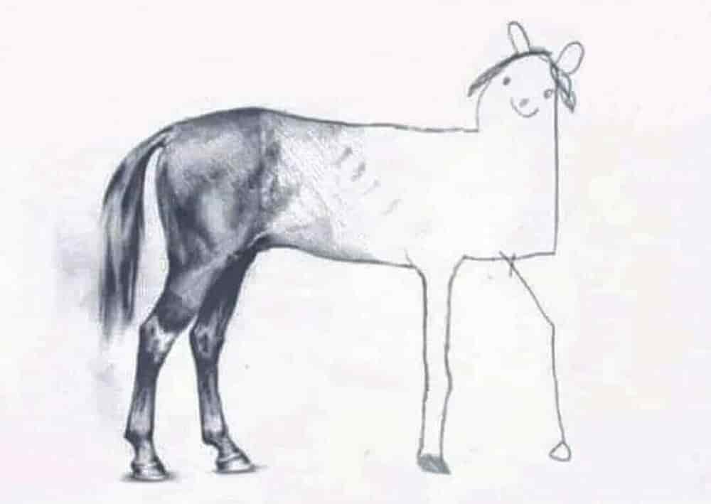 Meme template of a horse with a detailed hind and a simple outline of the body